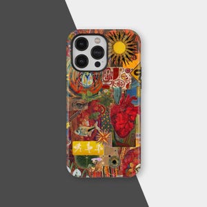 May include: A colorful phone case featuring a collage of various images. The design includes a yellow sun, a red heart, a fish, and other abstract elements. The case has a glossy finish and is designed to fit a smartphone.
