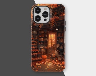Cozy Fall Bookshelf Phone Case, Dark Academia Literary Phone Cases, Pumpkin Whimsical Cover for iPhone 17 16 15 14 13 12 11, Samsung S25 S24