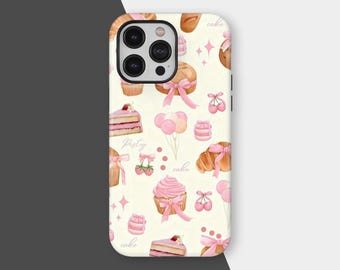 Whimsical Dessert Pattern Phone Case, Pink Cupcake Cake Macaron Cherry Kawaii Phone Cover, iPhone 16 15 14 13 12 11 Pro Max, Samsung S25 S24