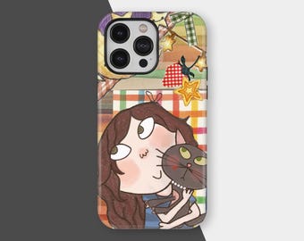 Funda para teléfono kawaii con chica y gato, con collage de ilustraciones caprichosas, funda artística en tonos pastel suaves, para iPhone 17, 16, 15, 14, 13, 12 y 11, Samsung S25
