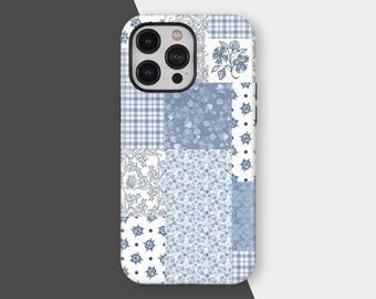 Blue Patchwork Phone Case, Gingham Floral Quilt Design, iPhone 17 16 15 14 13 12 Pro Max, Samsung S25 S24, Cottagecore Gift, Fall Accessory