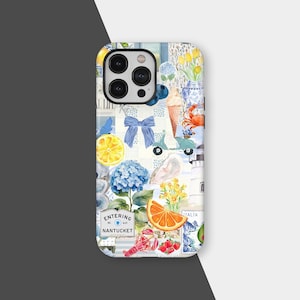 Retro Coastal Summer Collage Phone Case, Coquette Soft Blue Bow Floral iPhone 17 16 15 14 13 12 11 Pro Max, Samsung S25 S24 S23 Plus Ultra