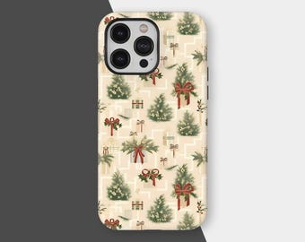 Telefonskal med vintage-julgran, julklappsidéer, beige julgransdekorationsfodral till iPhone 17 16 15 14 13 12 11 Pro Max, Samsung S25 S24