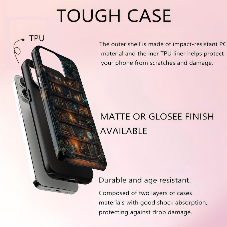 May include: A phone case with a detailed image of a bookshelf, with the text "TOUGH CASE". The case is black and has a matte or glossy finish. It is made of impact-resistant PC material and a TPU liner.