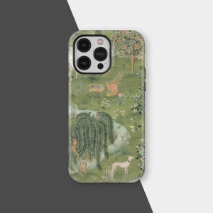 May include: A phone case with a detailed, vintage-style illustration of a green landscape with trees, a dog, and other animals. The design has a classic, artistic aesthetic, with a focus on nature and wildlife.