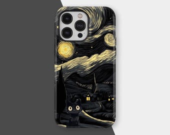 Starry Night Cat Phone Case, Van Gogh Inspired Art Aesthetic Cover, Whimsical Night Sky Design, iPhone 17 16 15 14 13 12 11, Samsung S25