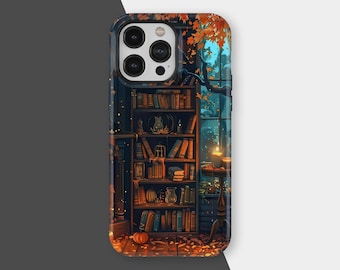 Cozy Fall Bookshelf Phone Case, Dark Academia Literary Phone Cases, Pumpkins & Leaves Cover for iPhone 17 16 15 14 13 12 11, Samsung S25 S24