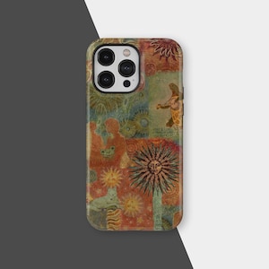 May include: A phone case featuring a collage of illustrations in warm tones. The design includes figures playing instruments, suns with faces, and a white cat. The case has a glossy finish and a multi-camera cutout.