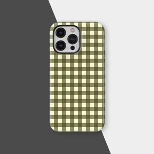 May include: A phone case with a green and white gingham pattern. The case has a black camera module and a smooth, glossy finish. The design is a classic, timeless pattern.