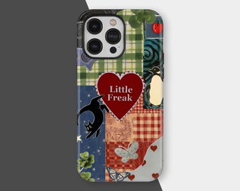 May include: A patchwork-style phone case featuring a variety of patterns and illustrations. The design includes a red heart with the text "Little Freak", penguins, butterflies, and a four-leaf clover. The case has a black border and a camera cutout.
