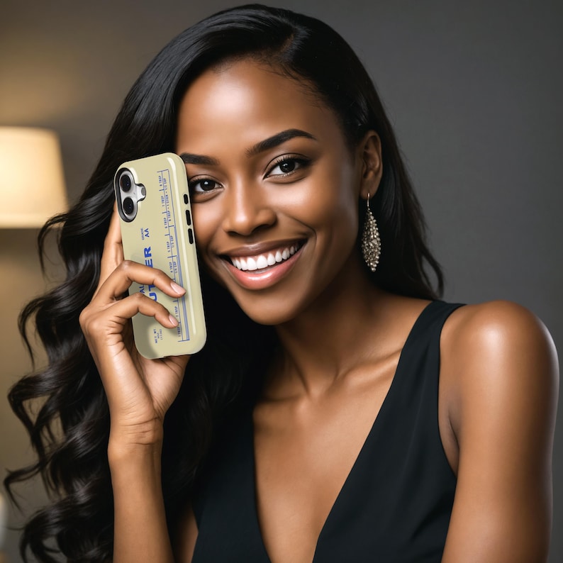 May include: A light beige phone case with blue text and a ruler design. The case is held in front of a person with long, dark hair and a black dress. The phone case has the word "BUTTER" printed on it.