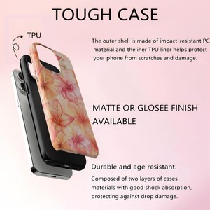 Puede incluir: Funda de tel&eacute;fono con un dise&ntilde;o floral con flores rosas y naranjas. La funda est&aacute; compuesta por dos capas y se describe como duradera y resistente al envejecimiento. El texto "TOUGH CASE" est&aacute; en la parte superior de la imagen.
