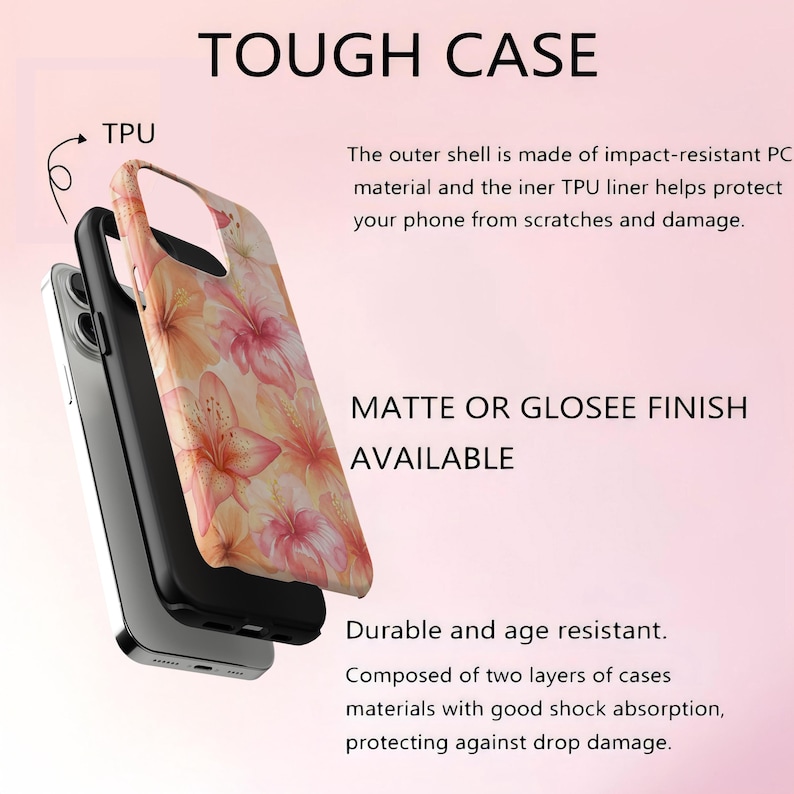 Puede incluir: Funda de tel&eacute;fono con un dise&ntilde;o floral con flores rosas y naranjas. La funda est&aacute; compuesta por dos capas y se describe como duradera y resistente al envejecimiento. El texto "TOUGH CASE" est&aacute; en la parte superior de la imagen.