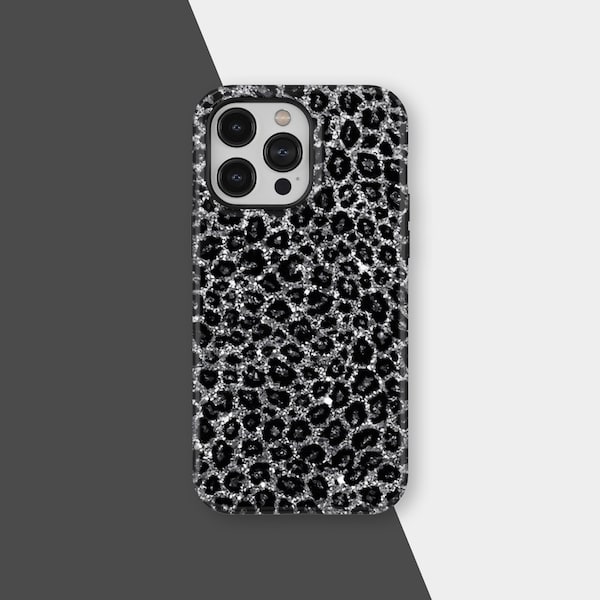 Glitter Leopard Print Design Phone Case,Black Sparkly Glam Animal Print Cover, iPhone 18 17 16 15 14 13 12 11 Pro Max, Samsung S25 S24 Ultra