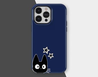 Black Cat Phone Case, Cute Starry Night Kawaii Design, Minimalist Cartoon Cover, iPhone 17 16 15 14 13 12 11 Pro Max, Samsung S25
