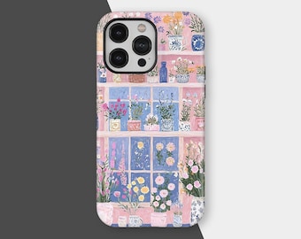Pink Floral Window Phone Case, Cottagecore Flower Garden Phone Cover, iPhone 16 15 14 13 12 11 Pro Max, Samsung S25 S24 S23 S22 Plus Ultra