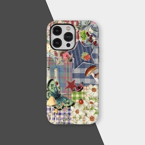 May include: A phone case featuring a collage design with a butterfly, mushrooms, flowers, and a star. The case has a patchwork pattern with plaid, floral, and striped elements. The color palette includes shades of blue, green, red, and white.