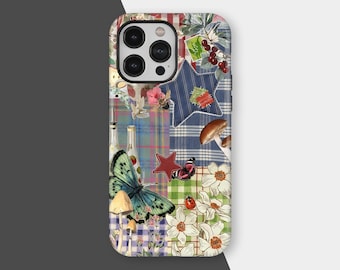 May include: A phone case featuring a collage design with a butterfly, mushrooms, flowers, and a star. The case has a patchwork pattern with plaid, floral, and striped elements. The color palette includes shades of blue, green, red, and white.