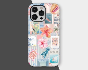 Strandblått kokett kustkollage preppy gulligt estetiskt skal till iPhone 17 16 15 14 13 12 Pro Max, Samsung S25, sommarvibbar telefonskal