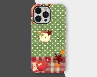 Funda para teléfono Apple Twee con diseño retro de patchwork verde vintage con manzanas y mariquitas, diseño de lunares verdes, para iPhone 17, 16, 15, 14 y 13, Samsung
