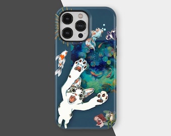 Funda para teléfono con diseño de gato koi, diseño de collage extravagante y divertido, para iPhone 17, 16, 15, 14, 13, 12 y 11 Pro Max, Samsung.