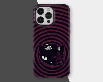 Gothic Cat Phone Case, Dark Spiral Hypnotic Design, Witchy Aesthetic Cover for iPhone 17 16 15 14 13 12 11 Pro Max, Samsung Galaxy S25 S24