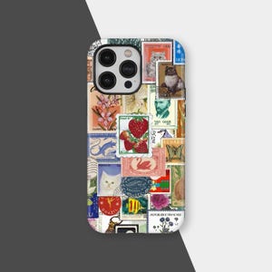 May include: A phone case decorated with a collage of vintage postage stamps. The stamps showcase diverse imagery, such as flowers, cats, strawberries, and a portrait of Van Gogh. The case has a glossy finish and a white border.