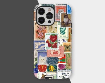 Funda para teléfono con collage de sellos vintage, funda protectora con diseño de postal de viaje retro, para iPhone 17, 16, 15, 14, 13, 12 y 11 Pro Max, Samsung S25, S24 y S23 Ultra