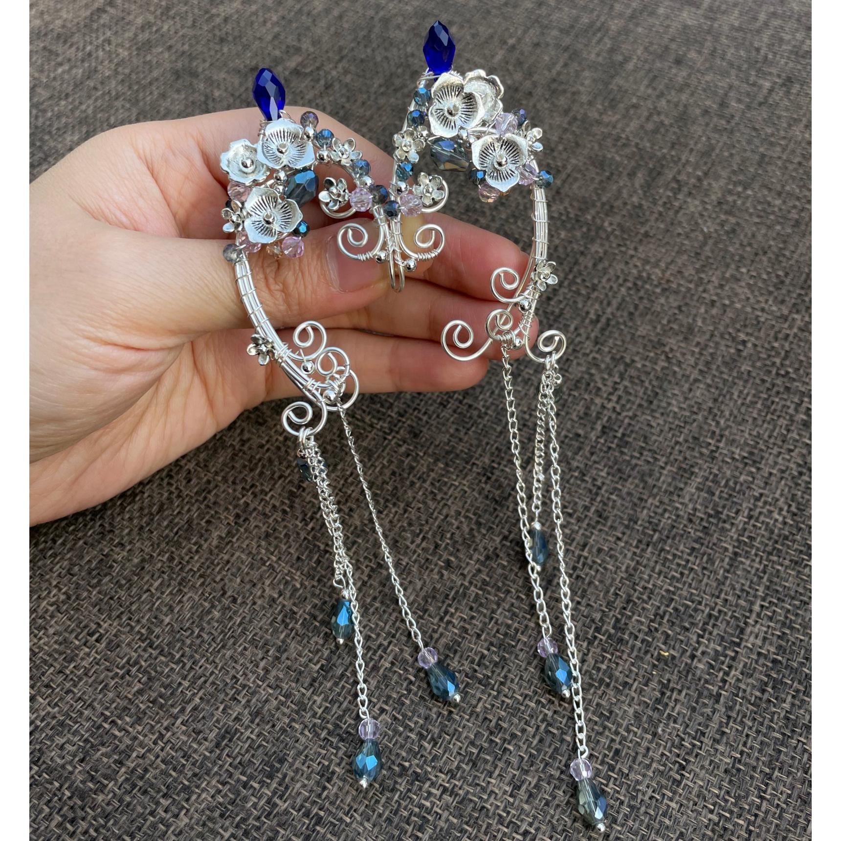 Handcrafted Elf Ear Cuffs: Silver Fairy Cosplay Earrings with Blue Tassel