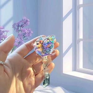 Bobine de badge souris fée, clip d'identification fantaisie mignon, support pour souris aile de papillon, cadeau infirmière enseignante, accessoire de travail animal fantaisiste