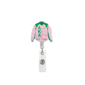 Carrete de insignia de hermandad, porta identificación con chaqueta rosa y verde, lindo clip de vida griega para miembros de Alpha Kappa Alpha, regalo para hermanas de hermandad, también conocido como orgullo.