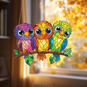 Lindo trío de pájaros coloridos para colgar en la ventana, divertido adorno de animales de dibujos animados para habitación infantil o guardería, regalo de pájaro arcoíris para ella, brillante arte de ventana de verano.