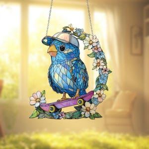Pájaro azul en patineta para ventana, decoración floral divertida para habitación infantil o adolescente, regalo de pájaro de dibujos animados, arte peculiar para amantes de los animales.