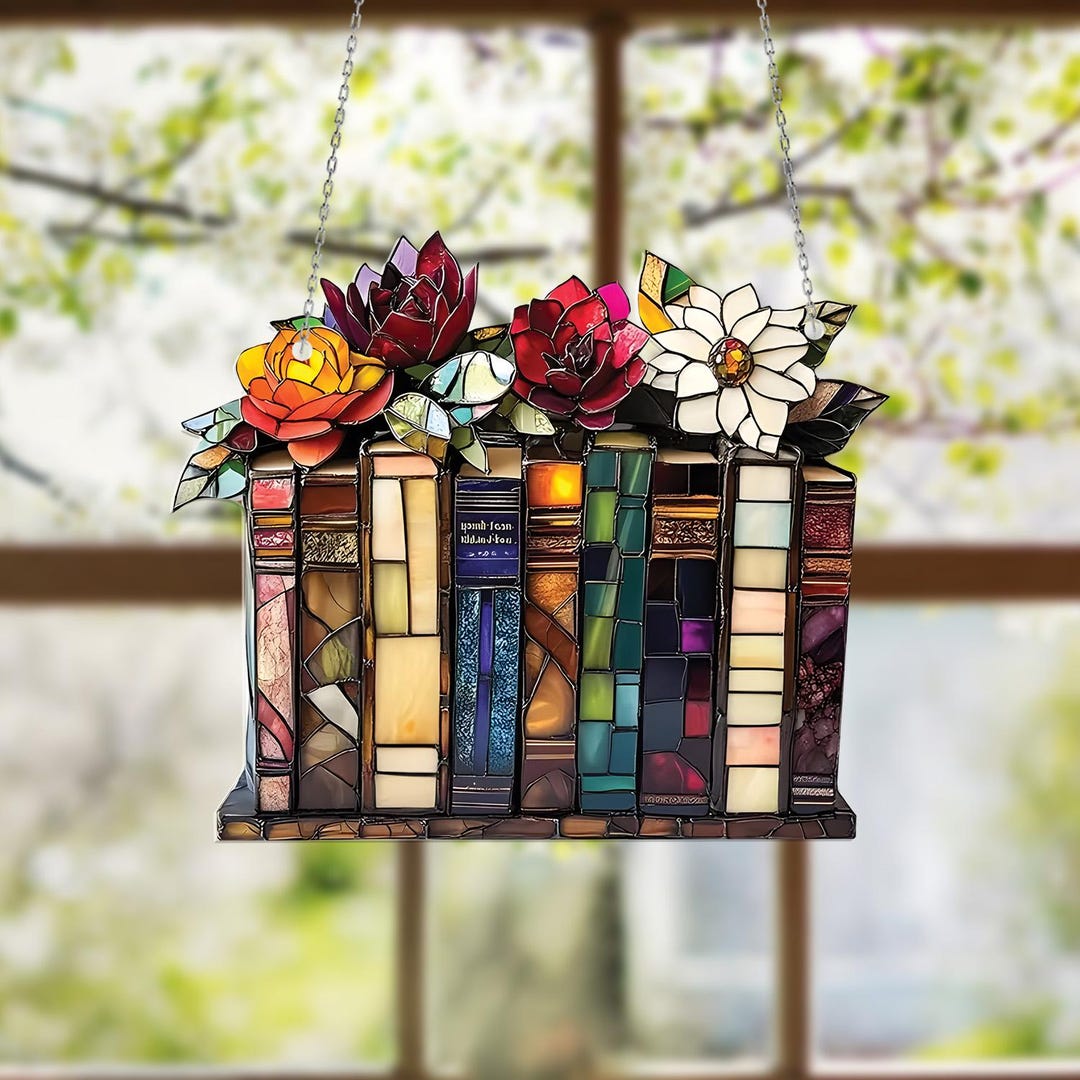 Bookshelf and Roses Window Hanging – Literary Floral Decor for Book ...