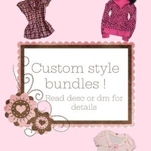May include: A pink plaid ruffled blouse, a pink and black leopard print zip-up hoodie with a black faux fur hood, and a light pink ruffled bolero. A central rectangular sign features the text: Custom style bundles! Read desc or dm for details.