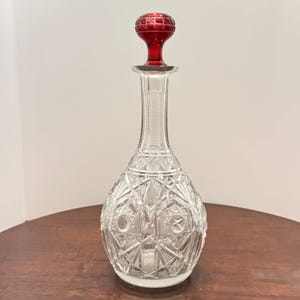 Vintage Crystal Cut, Glass 12&quot; Decanter with Ruby Red Stopper