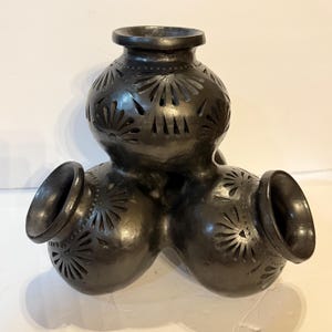 Vintage, Hand Crafted Barro Negro Vase Pyramid, Pottery Art, Oaxaca Mexico, Clay Pottery