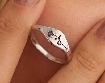 Personalized Birth Flower Ring, Minimalist Stacking Ring, Dainty Floral Design, Titanium Ring, Waterproof Jewelry, Gift for Her, Size 5-10