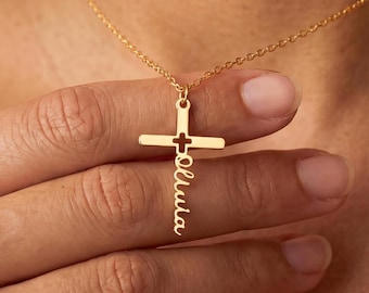 Personalized Cross Name Necklace, Custom Pendant, Gold Plated Stainless Steel Jewelry, Christian Gift for Her, 3 Colors