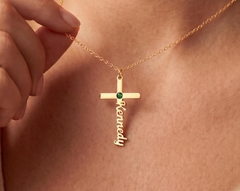 Personalized Cross Name Necklace, Custom Birthstone Pendant, Gold Plated Stainless Steel Jewelry, Christian Gift for Her, 3 Colors