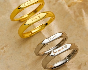 Adjustable Engraved Name Ring, Custom Minimalist Gift Jewelry, Elegant Personalized Ring for Memory & Celebration, Gold/Silver, Thin/Thick
