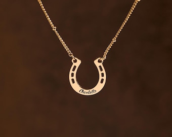 Personalized Horseshoe Necklace, Custom Name Lucky Charm Pendant, 24K Gold Plated Gift for Her, 3 Colors, 14–22 Inch Chain