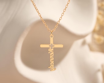Personalized Cross Name Necklace, Custom Pendant, Gold Plated Stainless Steel Jewelry, Christian Gift for Her, 3 Colors