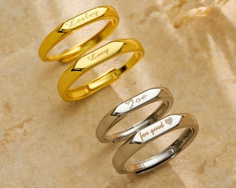 Bague prénom gravée réglable, bijou cadeau minimaliste personnalisé, bague personnalisée élégante pour un souvenir et une célébration, or/argent, fin/épais