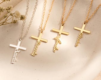 Personalized Cross Name Necklace, Custom Pendant, Gold Plated Stainless Steel Jewelry, Christian Gift for Her, 3 Colors