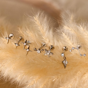 May include: A selection of silver earrings featuring star and geometric shapes, some with tiny, clear crystals. The earrings are presented against a backdrop of dried, feathery beige plants. The brand name "Jupiter Bloom" is written in cursive at the bottom.