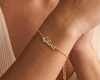 Bracelet prénom personnalisé, Bracelet en acier inoxydable plaqué or, Bijoux cadeaux étanches, 3 couleurs, 5 styles de police
