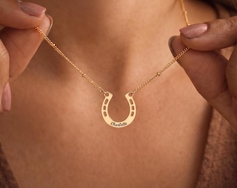 Personalized Horseshoe Necklace, Custom Name Lucky Charm Pendant, 24K Gold Plated Gift for Her, 3 Colors, 14–22 Inch Chain