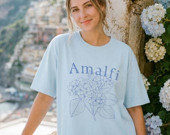 Amalfi Hydrangea Shirt by Haku Raku, Comfort Colors Italy Vacation Tee, Amalfi Coast Floral Shirt, Blue Hydrangea T-Shirt, Europe Trip Gift