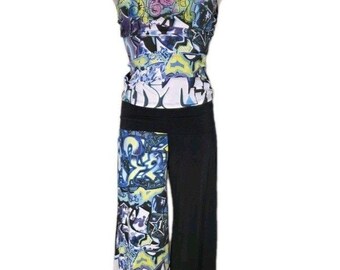 Y2K Funky Diva Super Flare Hip Hop Graffiti Street Dance Capri Pant + Tank Set M